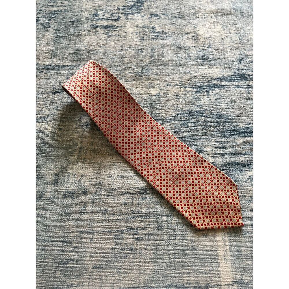 Stonehenge Red Champagne Gold Light Blue Geometric Dot Print 100% Silk Tie